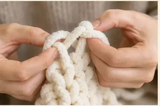 Fil chenille XXL et inspiration pour Le point jersey à la main expliqué pas à pas