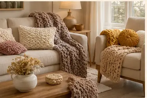 Fil chenille XXL et inspiration pour Choisir un plaid XXL pour un canapé beige
