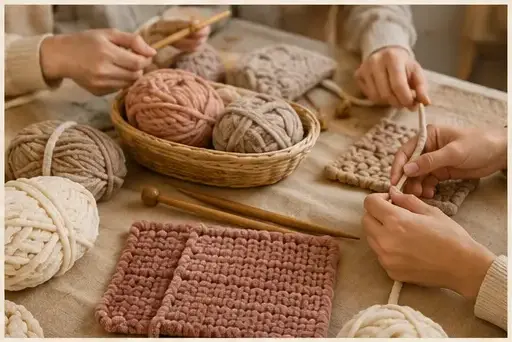 Fil chenille XXL et inspiration pour Organiser un premier atelier de tricot à la main