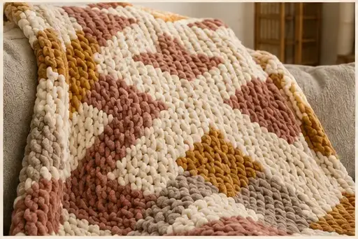 Fil chenille XXL et inspiration pour Créer une composition asymétrique sur un plaid