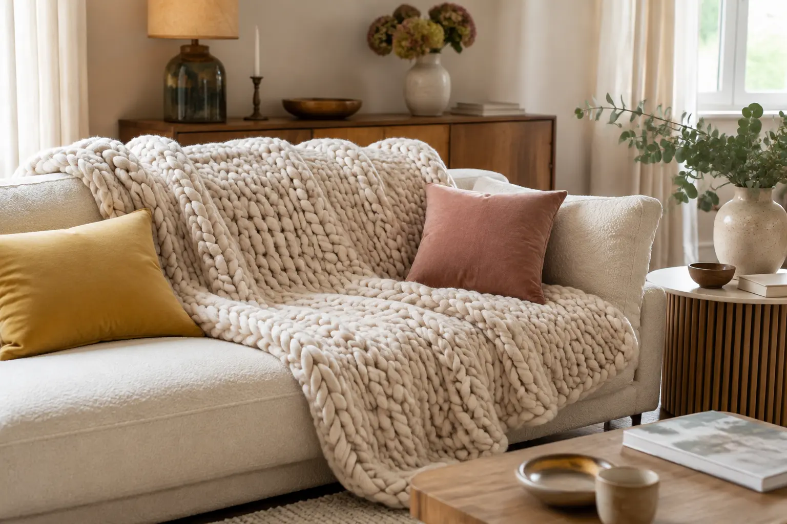 Plaid en grosses mailles dans un salon lumineux
