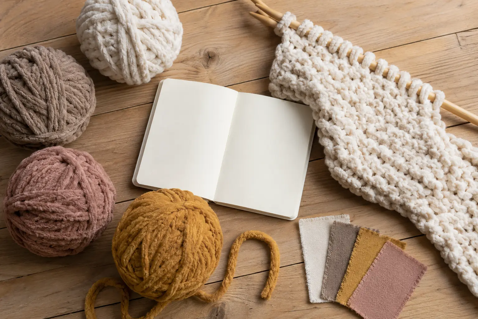 Pelotes chenille et palette de couleurs sur une table