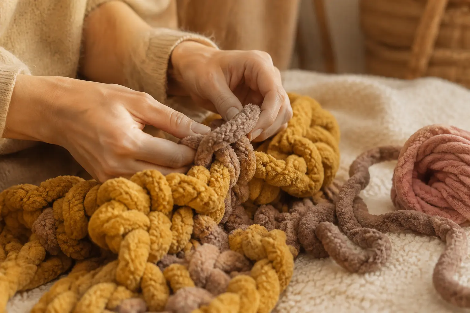 Geste de tricot à la main avec du fil chenille